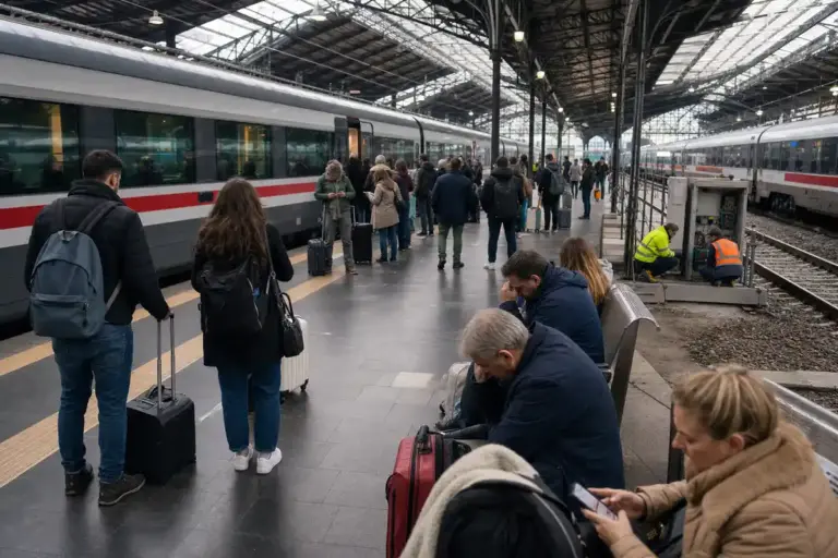 Passeggeri con valigie in attesa su un binario, treni fermi e tecnici al lavoro su un quadro vicino ai binari