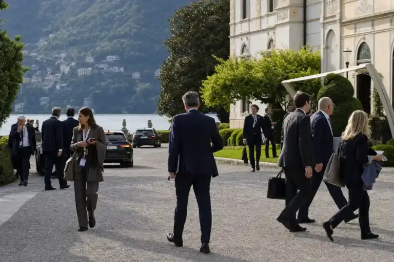 Partecipanti in abito formale davanti a una villa sul lago, con auto scure e delegazioni in movimento