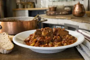 Coda alla vaccinara in salsa di pomodoro con sedano, servita in piatto bianco con pane su tavolo di legno