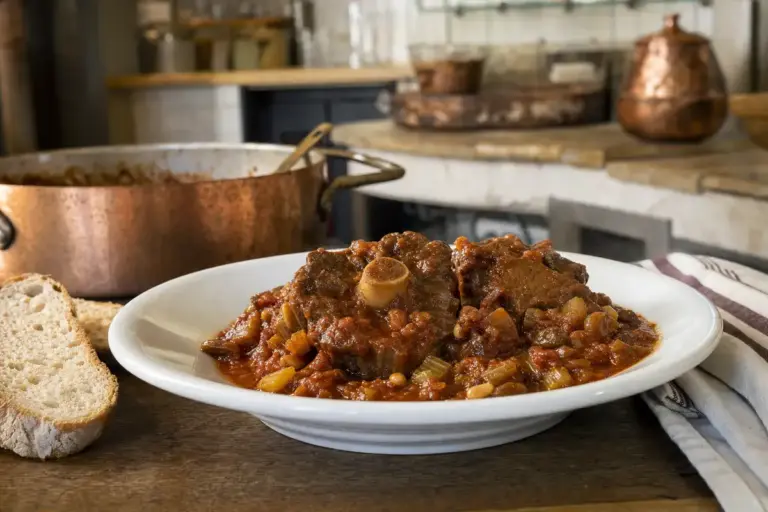 Coda alla vaccinara in salsa di pomodoro con sedano, servita in piatto bianco con pane su tavolo di legno