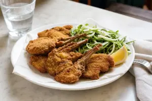 Costolette d’abbacchio panate e fritte su piatto bianco con insalata di puntarelle e spicchio di limone