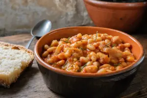 Ciotola di fagioli con le cotiche al pomodoro con rosmarino e pepe, con pane rustico su tavolo di legno