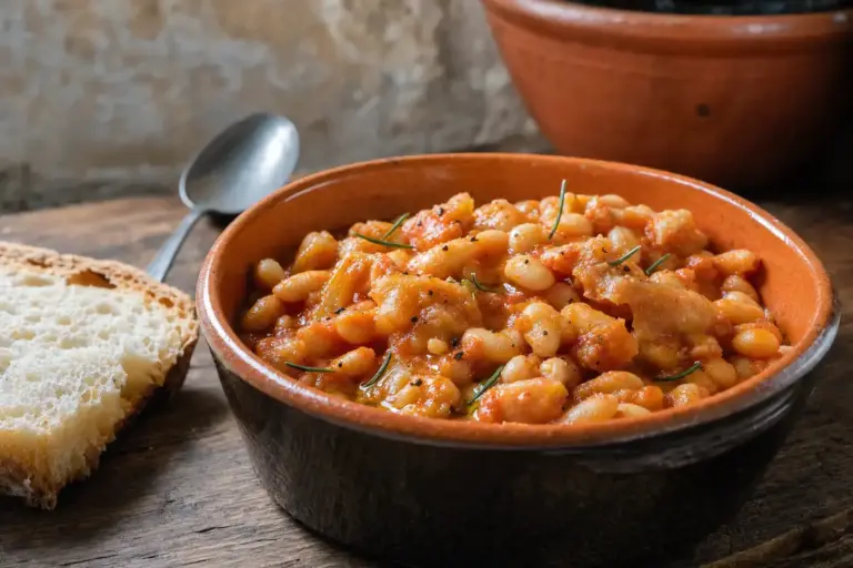 Ciotola di fagioli con le cotiche al pomodoro con rosmarino e pepe, con pane rustico su tavolo di legno