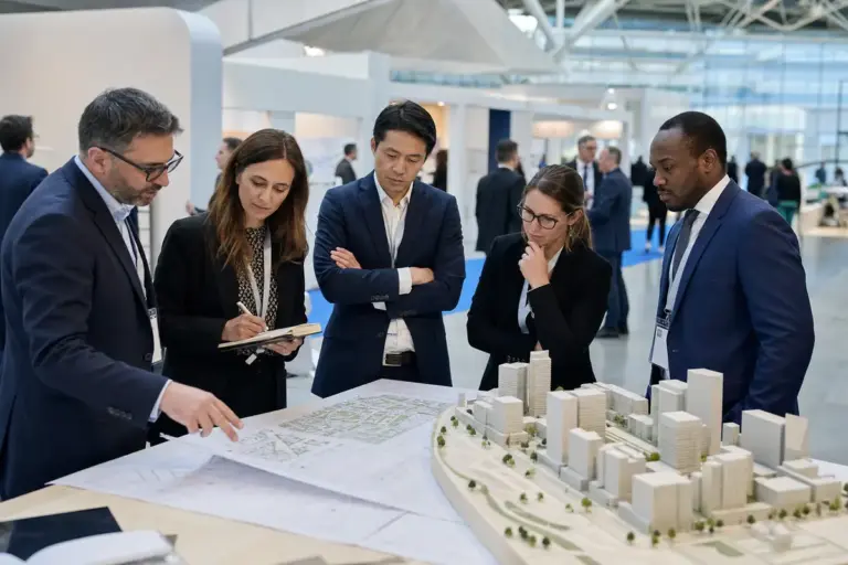 Professionisti in fiera discutono su planimetrie e plastico urbano in un moderno centro congressi