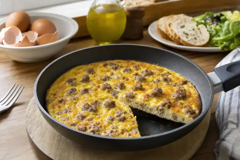 Frittata con salsiccia in padella antiaderente, con una fetta tagliata; sullo sfondo uova, olio, pane e insalata