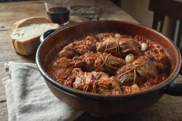 Garofolato in tegame con sugo di pomodoro, pezzi di carne legati con spago, pane rustico e bicchiere di vino rosso