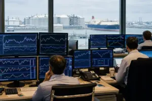 Analisti in sala trading davanti a monitor con grafici, con terminal GNL e nave metaniera sullo sfondo