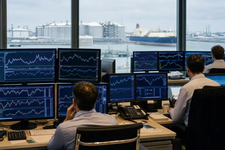 Analisti in sala trading davanti a monitor con grafici, con terminal GNL e nave metaniera sullo sfondo