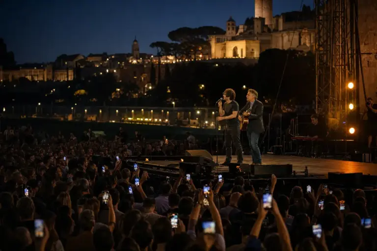 Due musicisti sul palco al tramonto, uno al microfono e uno con chitarra, davanti a una folla con smartphone a Roma
