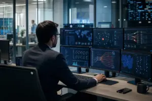 Analista in ufficio moderno davanti a più monitor con dashboard di sicurezza, mappe e grafici di rete