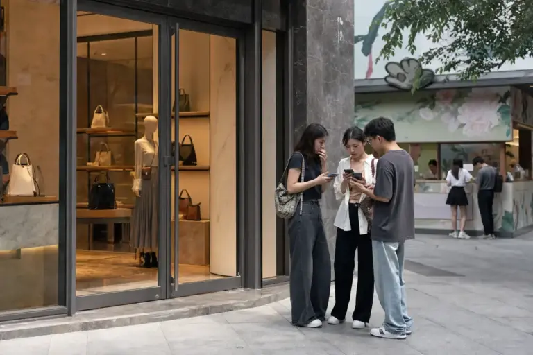 Tre giovani guardano gli smartphone davanti a una boutique di lusso quasi vuota, con un negozio di tè sullo sfondo