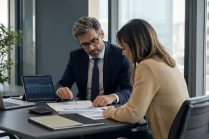 Consulente finanziario e cliente in ufficio mentre analizzano report e grafici su tablet, con laptop e calcolatrice sul