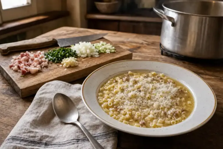 Piatto di minestra con pastina in brodo, pecorino e pepe, con battuto tritato su tagliere di legno