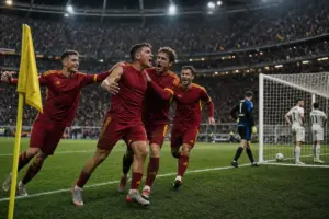 Calciatori in maglia rossa esultano vicino alla bandierina, con portiere e pallone in rete sullo sfondo