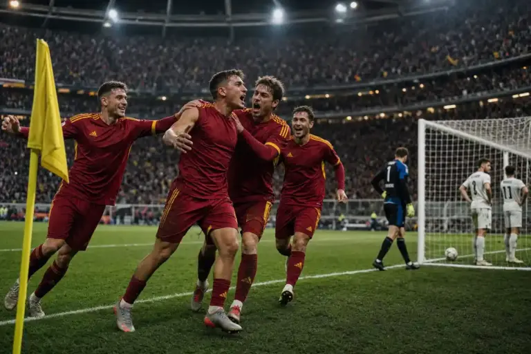 Calciatori in maglia rossa esultano vicino alla bandierina, con portiere e pallone in rete sullo sfondo