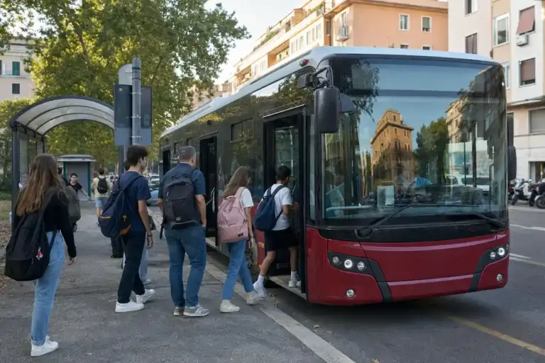 Persone con zaini salgono su un autobus urbano rosso a una fermata alberata in una strada residenziale al mattino