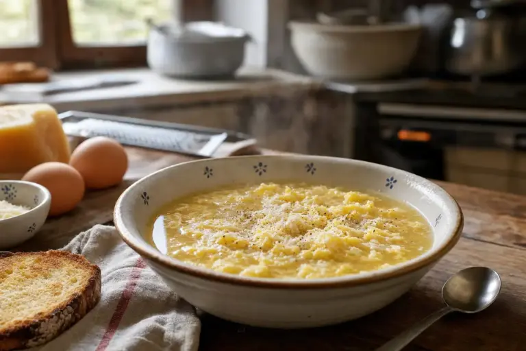 Ciotola di stracciatella in brodo fumante con parmigiano grattugiato, pane tostato e uova sul tavolo