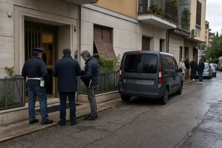 Agenti e investigatori davanti all’ingresso di un palazzo residenziale, con furgone parcheggiato e passanti sullo sfondo