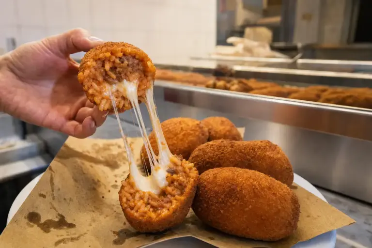 Supplì romano spezzato con mozzarella filante, tenuto in mano sopra un piatto con altri supplì fritti