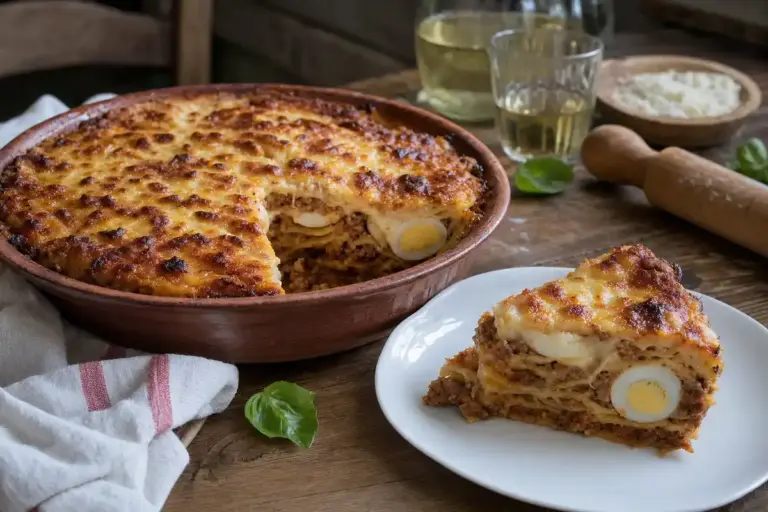 Timballo alla ciociara in teglia di terracotta con fetta servita su piatto, strati di ragù e uovo sodo