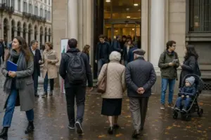 Partecipanti entrano in un edificio con portici a Torino in una giornata autunnale, tra foglie a terra e taccuini in mano