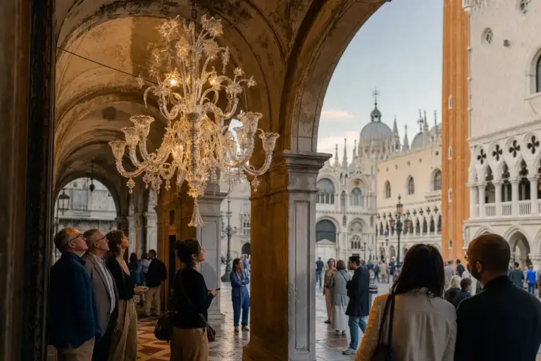 Lampadario in vetro sotto un portico in piazza San Marco, con visitatori che lo osservano al tramonto